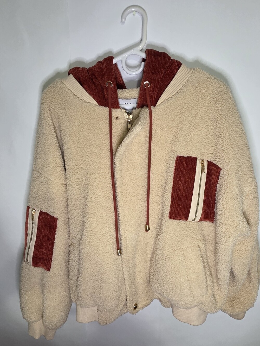 J.O.A. Cream Sherpa Jacket with Rust Corduroy Accents